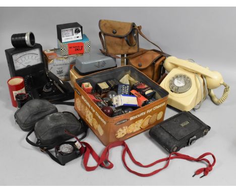 A Box of Sundries to Include Vintage Cream Telephone, Car Light bulbs, Cameras etc 