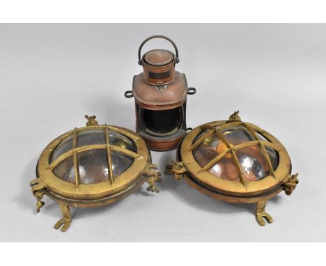Two Vintage Heavy Duty Brass Framed Bulkhead Light Fittings Together with Copper Ship's Overtaking Lamp 