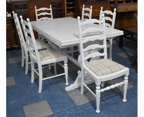 A Large White Painted Draw Leaf Dining Table, 169cm Long When Closed Together with a Set of Six White Painted Ladder back Din