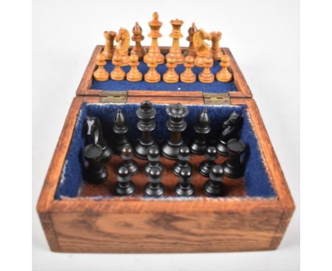 A Stained Wooden Box Containing Boxwood Chess Set, Kings 6cms High 