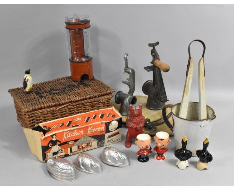A Small Wicker Hamper, Bread Boards, Kitchenwares, Novelty Children's Egg Cups, Enamelled Jug etc 
