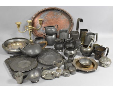 A Large Collection of Various Silver Plate and Pewter Items to comprise Arts and Crafts Type Tray/Plate, Three branch Candela