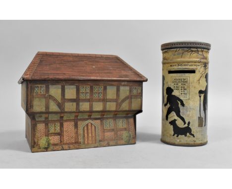 Two Tinplate Childrens Novelty Money Boxes, One in the Form of a Half Timbered House, The Other in the Form of a Post Box Dec