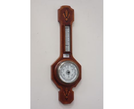 20th century inlaid walnut cased aneroid barometer with thermometer, H61cm  CLOCKS & BAROMETERS - as we are not a retailer, t