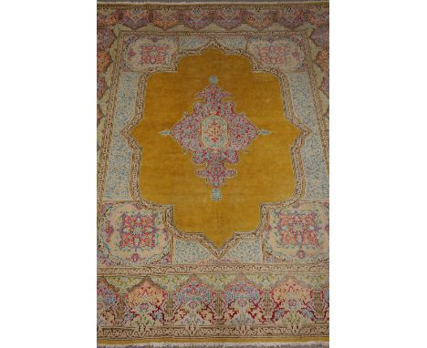 Large Persian Kerman golden ground rug carpet, central medallion, 387cm x 304cm Condition Report Click here for further image