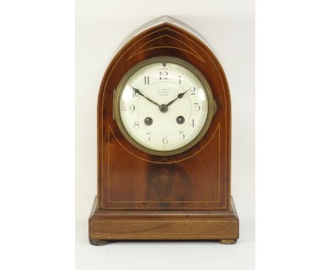 Edwardian inlaid mahogany arch top mantle clock, dial signed 'J B, 72 Yabsley Ludgate Hill, London', H27cm  CLOCKS & BAROMETE