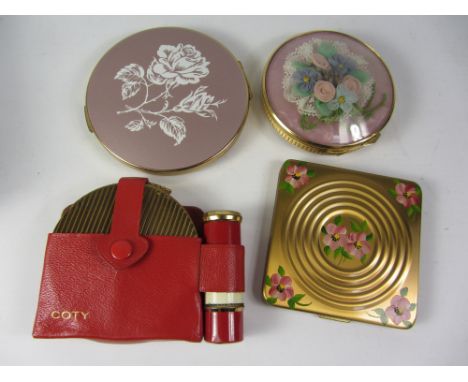 Vintage Coty compact and lipstick in real Morocco case, a French compact, a Stratton compact and a hand-painted Ki-Gu square 