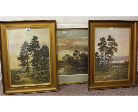Evening Sunset, late 19th century colour print 42cm x 71cm and another pair of Woodland scenes after B W Leader  and an engra