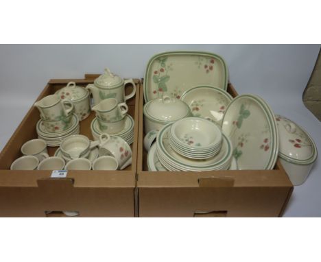 Comprehensive Wedgwood 'Raspberry Cane' dinner and tea/coffee service - six place settings plus extra pieces - in two boxes C