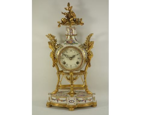 'Marie-Antoinette' porcelain and gilt metal mantel clock, H41cm  CLOCKS & BAROMETERS - as we are not a retailer, these items 