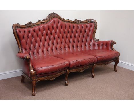 French style serpentine walnut framed three seat sofa (W200cm), and matching armchair (W80cmcm), upholstered in studded red l