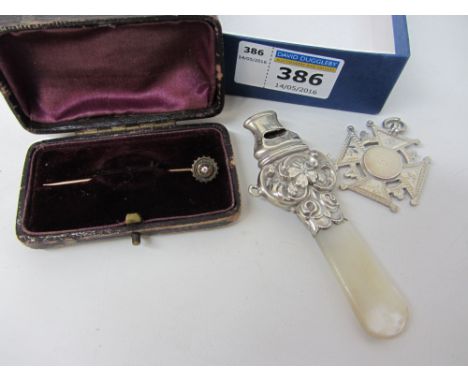 Diamond stick pin stamped 15ct, Edwardian hallmarked silver and mother of pearl teething whistle and a Victorian silver medal