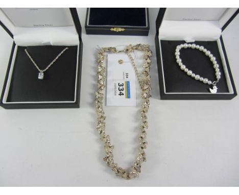Jeweller's shop stock - butterfly necklace, pearl bracelet and cubic zirconia pendant necklace all stamped 925 Condition Repo
