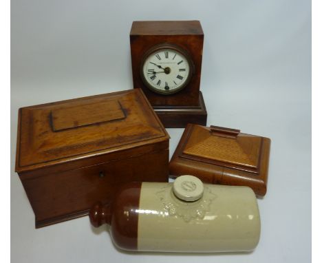 Camerer, Kuss & Co. mantel clock, oak tea caddy, stoneware hot water bottle and other miscellanea in one box CLOCKS & BAROMET