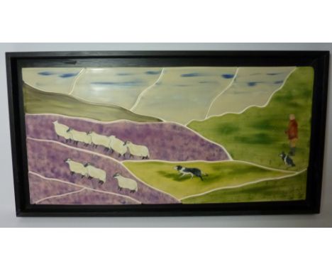 Eskdale Studio hand made ceramic tiles painted with moor sheep and shepherd (framed) L63.5cm  Condition Report Click here for