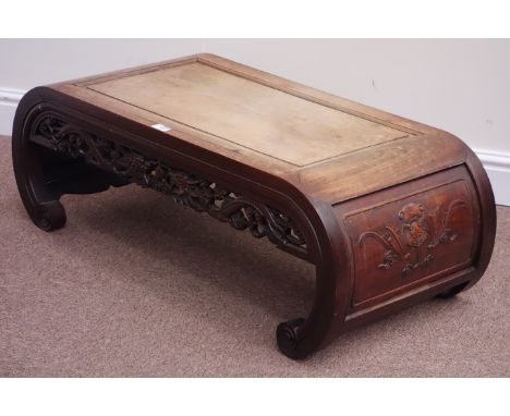 Chinese padouk wood opium table, scroll feet, dragon carved frieze decoration, 95cm x 44cm, H32cm Condition Report Click here