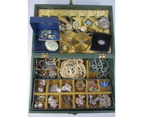 RAF badge stamped 925, U.S. compass, vintage cigarette case and jewellery box, costume jewellery and watches in one box Condi