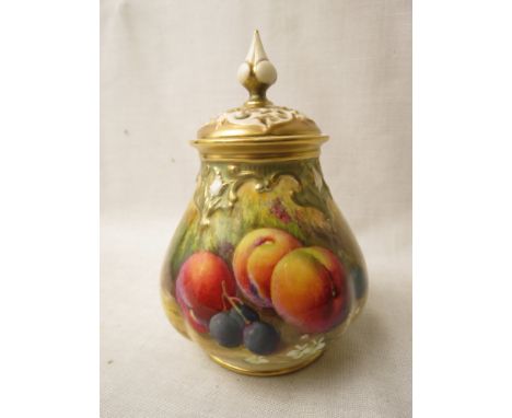 Hadley Royal Worcester porcelain pot pourri jar and cover, signed Ricketts, painted with peaches and black grapes in a garden