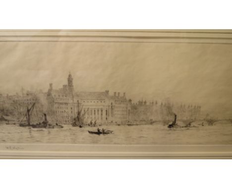 William Lionel Wyllie (1851-1931) Views of Shipping on the Thames with bridge to the distance, etching, signed in pencil to l