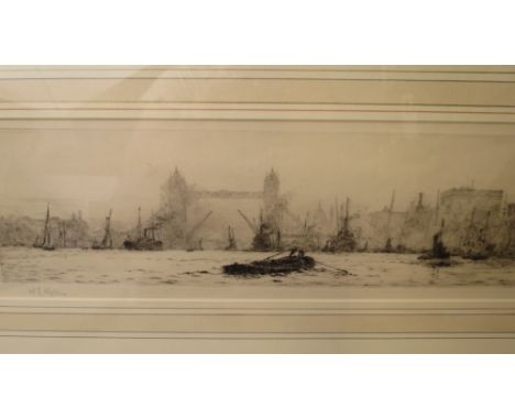 William Lionel Wyllie (1851-1931) View of Shipping on the Thames towards Tower Bridge, etching, signed in pencil to lower lef