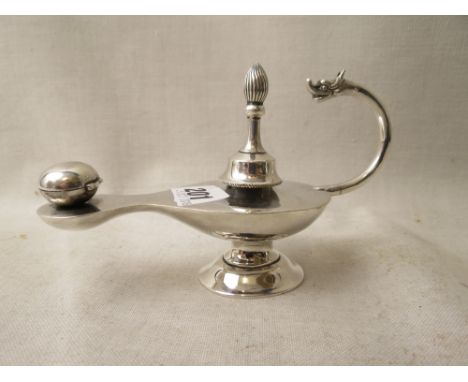 A Van Buren sterling silver table lighter in the form of a Roman lamp and dragon head handle, 173.6g,