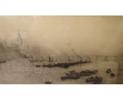William Lionel Wyllie (1851-1831) Fishing Boats on the Thames by the Embankment, etching, signed in pencil to lower left marg
