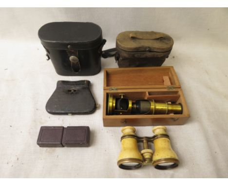 A selection of cased binoculars, opera glasses and field microscope, to include a pair of 19th century ivory and gilt metal o