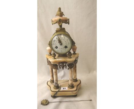 A French marble and ormolu mantle clock with white enamel dial and exposed pendulum hanging between four columns, 16 high