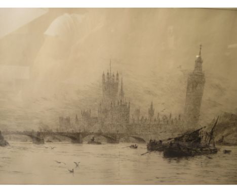 William Lionel Wyllie (1851-1931) Views of the Thames towards Big Ben and the Houses of Parliament, etching, signed in pencil