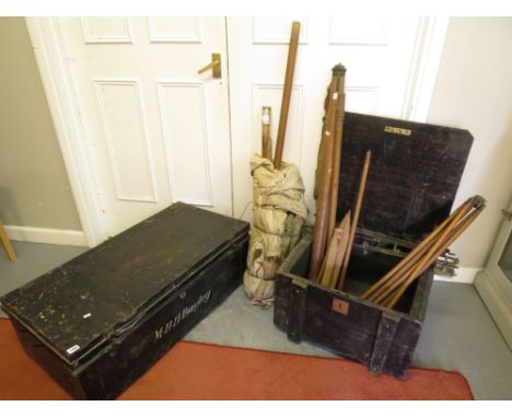 A mixed lot to include two trunks, J Newman pantograph, tripod stand and other items