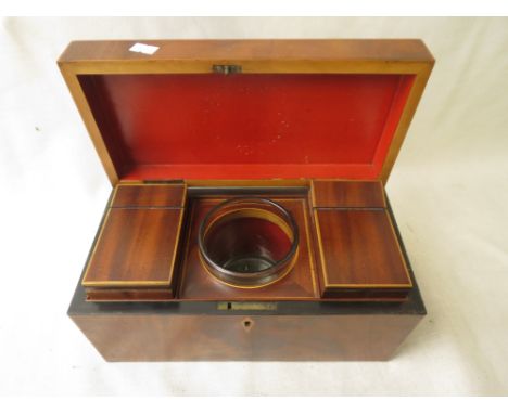 A George III mahogany tea caddy with fitted interior and glass mixing bowl, 6 x 116/8 x 5 7/8