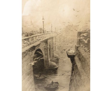 William Lionel Wyllie (1851-1831) London Bridge and Southwark Cathedral, etching, signed lower left corner margin, mounted an