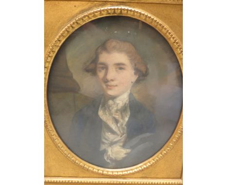 English School, late 18th century oval portrait of a gentleman, mixed media on paper laid on canvas, mounted and glazed in a 