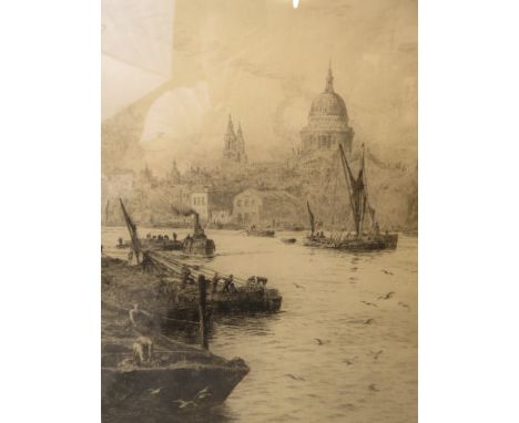 William Lionel Wyllie (1851-1931) Views of the Thames towards St Paul's, etching, signed in pencil lower left corner, margin,