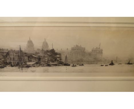 William Lionel Wyllie (1851-1931) Shipping in Greenwich Reach, etching, signed in pencil to lower left margin, mounted in a g