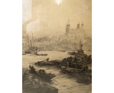 William Lionel Wyllie (1851-1931) London on the Thames with fishing craft to the foreground, etching, signed lower left margi