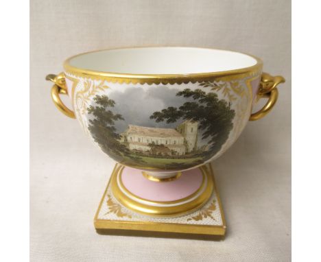 A Flight Barr and Barr, Worcester footed porcelain bowl with tin gilded bird mask and open ring handles, Painted vinaigrettes
