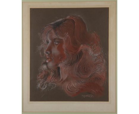 70s Portrait of a Glamorous Woman.   Charcoal and coloured chalks on paper. 1975. Indistinctly signed and dated lower right. 