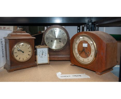 Six mantle clocks of various design, to include carriage clock, Westminster chime, etc.