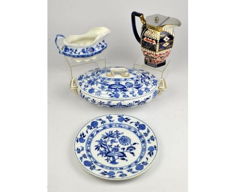 Blue and White tureens, dinner plates, sauce boat, imari pattern teapots, biscuit barrel and water jug