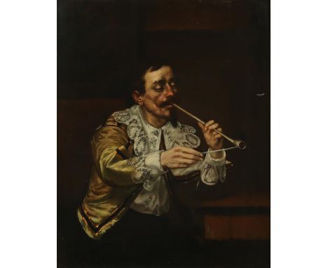 Nineteenth-century European School, portrait of a man smoking a pipe, oil on panel, 36 x 28cm, with a landscape study with fi