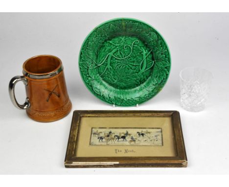 Collection of various ceramics, to include a green glazed cabbage leaf dish and six plates, eleven ruby glass drink9ing glass