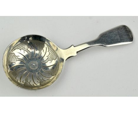 London 1789 silver caddy spoon with bright cut bowl decoration.