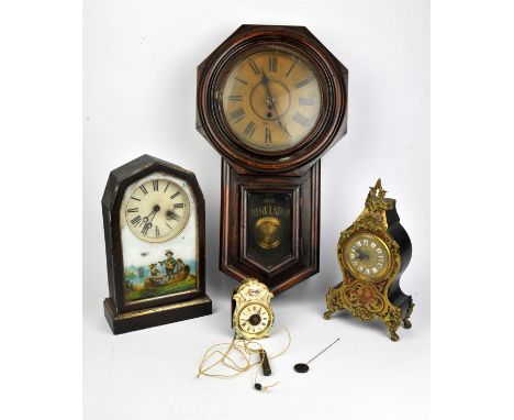 A mahogany cased regulator, a small mantle clock with painted glass front,a small mantle clock and a French style boule clock