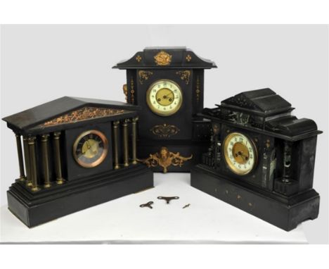 Large black slate mantle clock with metal mounts, H 47cm and two other slate mantle clocks