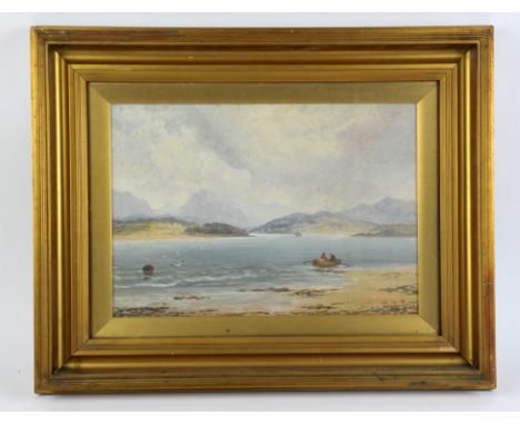 Nineteenth-century British School, seascape with rowing boat to foreground, oil on board, 29 x 43cm, framed and glazed.