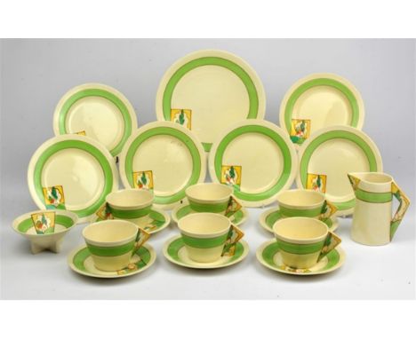 Clarice Cliff 'Bizarre' No. 5954 part tea set six cups, six saucers, six side plates, cake plate, cream jug and sugar bowl