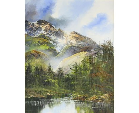 Terrance Evans (British, b. 1943) a mountainous landscape scene with river to foreground, oil on canvas, unsigned, 74 x 59cm 