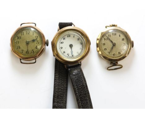 A ladies gold wristwatch in octagonal dial fitted with a manual wind movement and along with two others, all in 9ct, one with