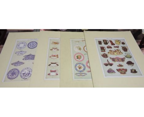 A set of six late 19th/early 20th Century two sided colour plates depicting ceramic wares including majolica, stoneware and m